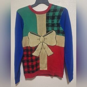 Jolly Sweaters Unisex Plaid Gold Bow Christmas Gift Holiday Sweater Large